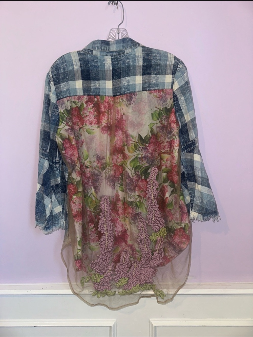 Aratta Silent Journey Blue Plaid Floral Top with Frayed Details Size M Boho